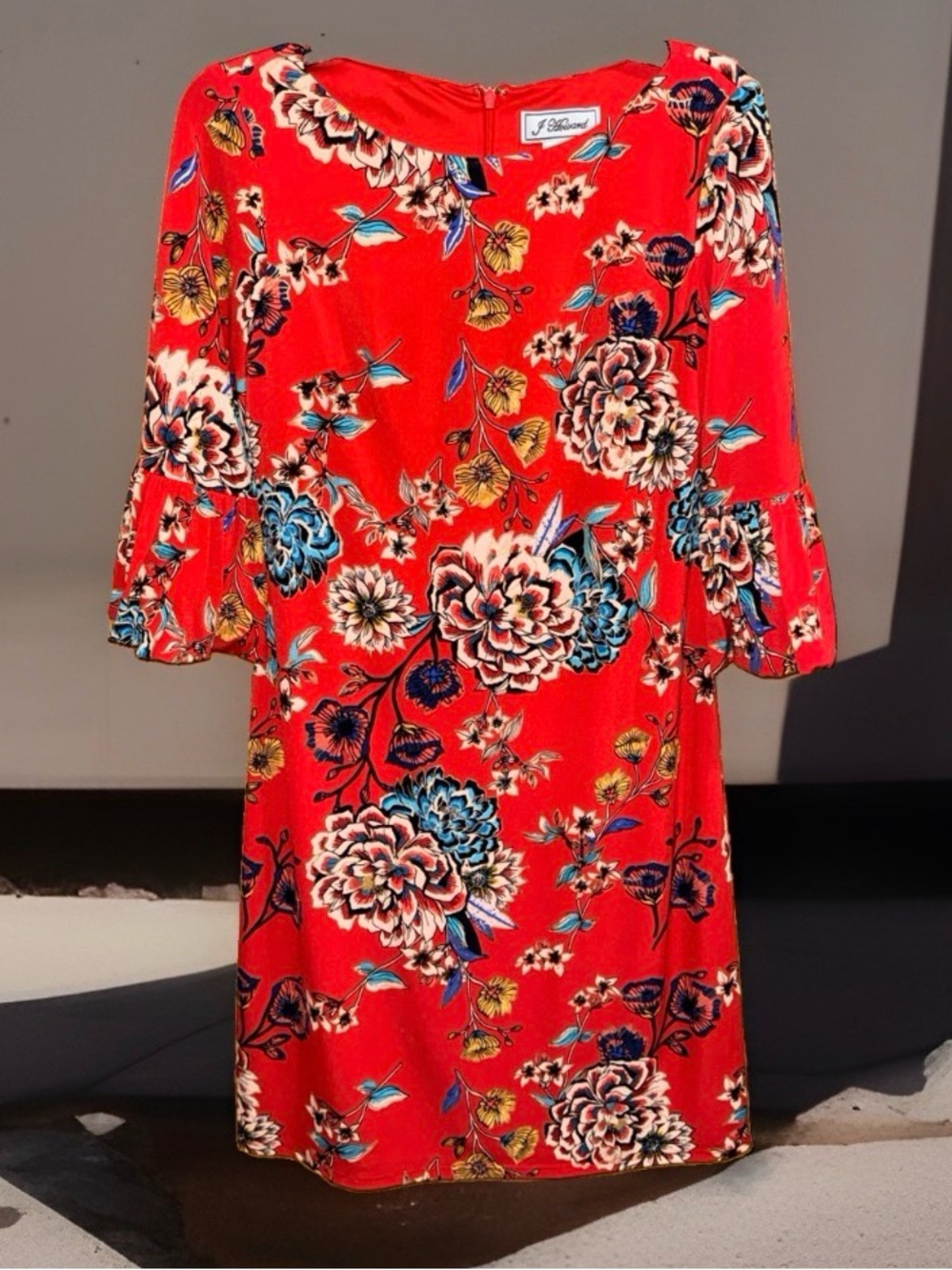 J Howard 3/4 Sleeve Boat Neck Shift Dress in Bright Red w/Bold Floral Print-6-EC
